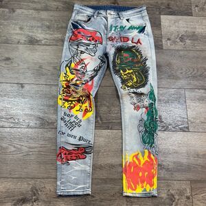 SOSOO Painted Skinny Jeans Streetwear Button Fly Skulls - Men's Size 32x29